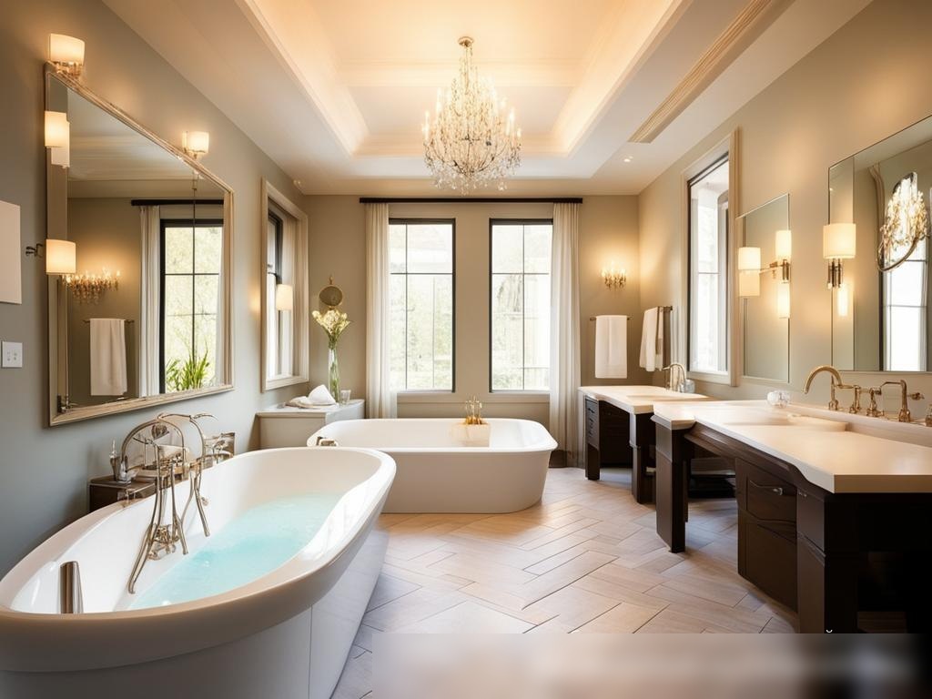 Роскошная ванная комната с атмосферой спа, освещенная врезными потолочными светильниками и небольшими настенными бра - Пример 4