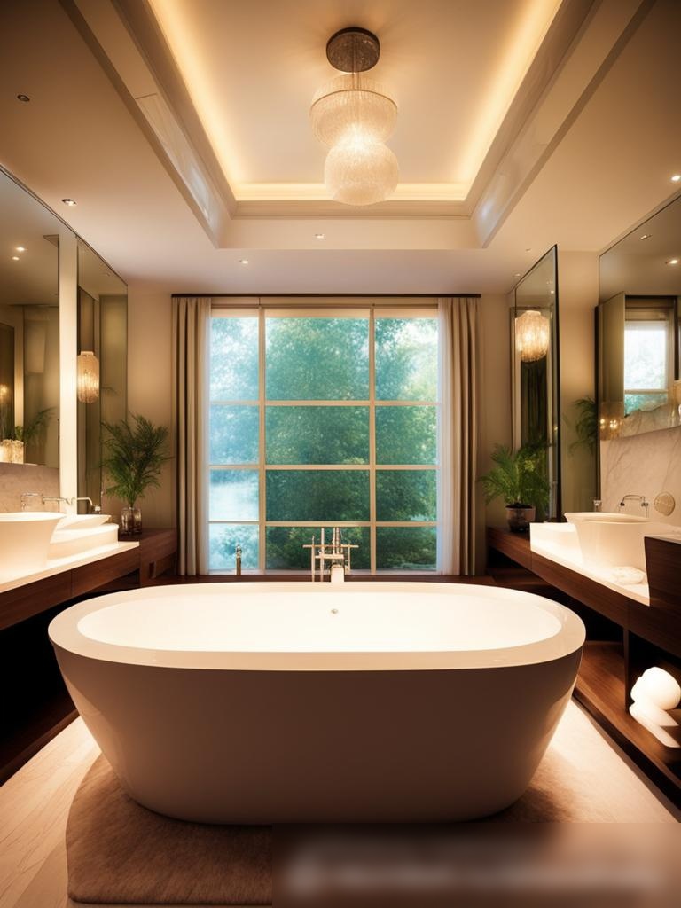 Роскошная ванная комната с атмосферой спа, освещенная врезными потолочными светильниками и небольшими настенными бра - Пример 5