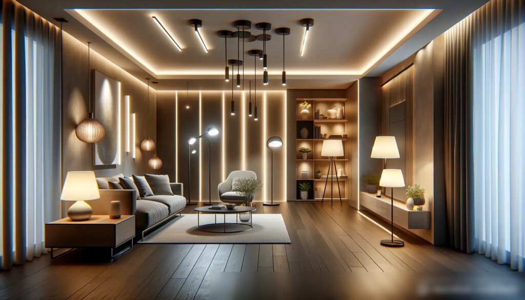 Современная гостиная с разнообразным светодиодным освещением - Пример 1