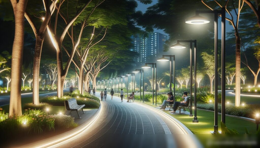 Вечерний парк, освещенный светодиодными фонарями - Пример 2