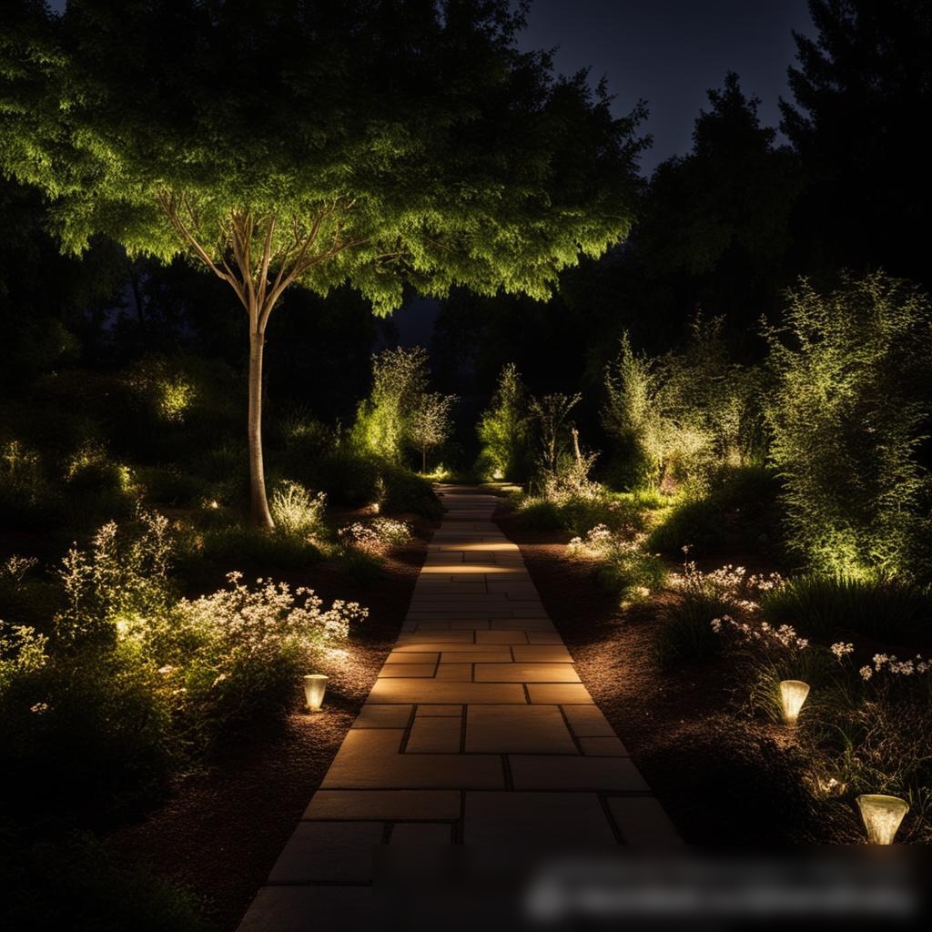 Изысканная вечерняя уличная обстановка, демонстрирующая дизайн ландшафтного освещения - Пример 3