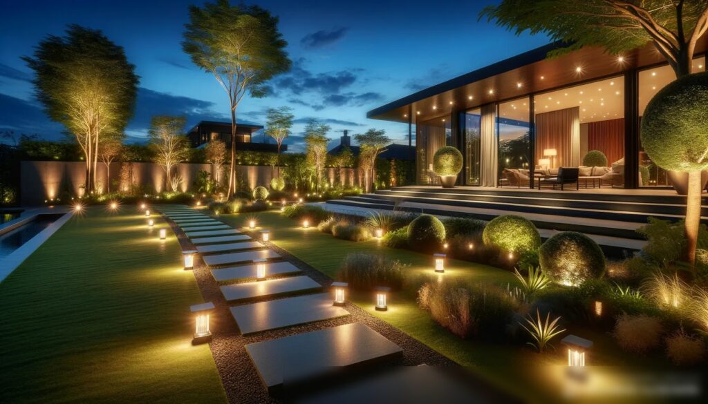Изысканная вечерняя уличная обстановка, демонстрирующая дизайн ландшафтного освещения - Пример 1