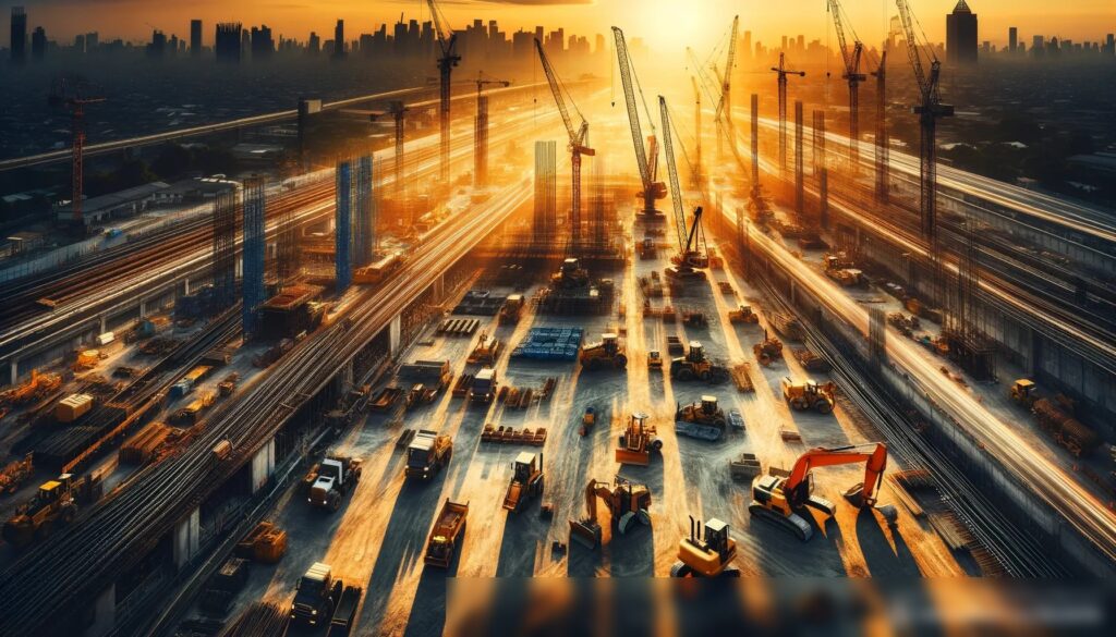 Панорамный вид на большую строительную площадку на закате, демонстрирующий разнообразие тяжелой техники, включая краны, бульдозеры и грузовики - Пример 2