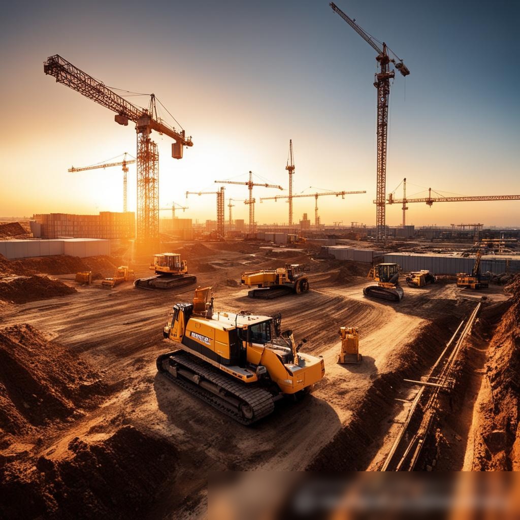 Панорамный вид на большую строительную площадку на закате, демонстрирующий разнообразие тяжелой техники, включая краны, бульдозеры и грузовики - Пример 3