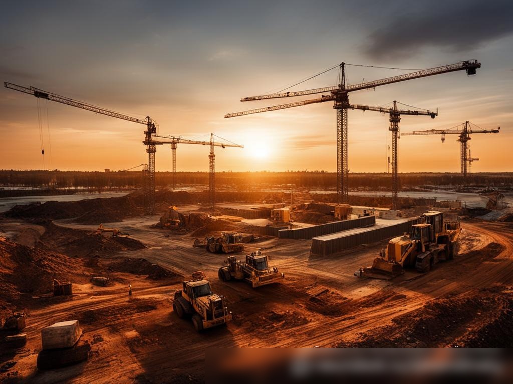 Панорамный вид на большую строительную площадку на закате, демонстрирующий разнообразие тяжелой техники, включая краны, бульдозеры и грузовики - Пример 4