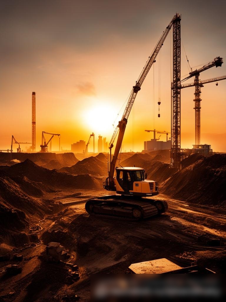Панорамный вид на большую строительную площадку на закате, демонстрирующий разнообразие тяжелой техники, включая краны, бульдозеры и грузовики - Пример 5
