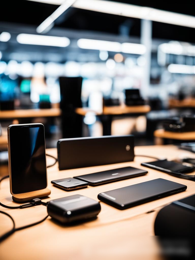 Крупным планом разнообразные электронные гаджеты и аксессуары на деревянном столе - Пример 5
