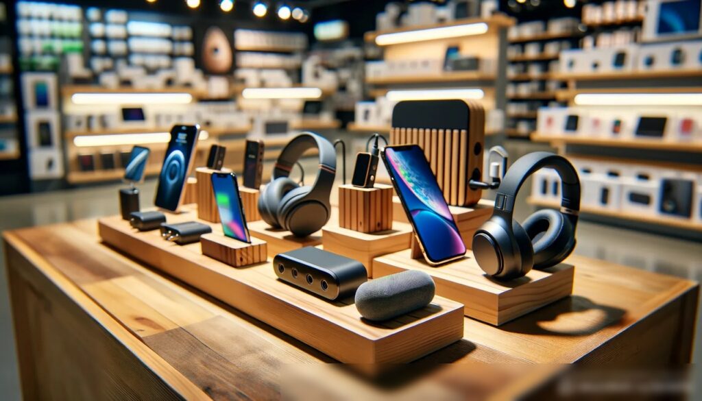 Крупным планом разнообразные электронные гаджеты и аксессуары на деревянном столе - Пример 1