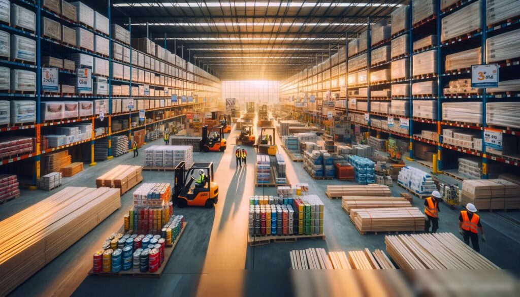 Широкоугольный вид на оживлённый строительный гипермаркет ранним утром - Пример 1