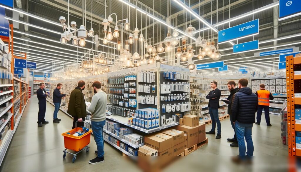 Внутренний вид строительного гипермаркета с акцентом на секцию освещения и электрики - Пример 2