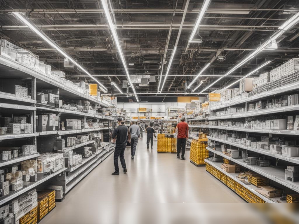 Внутренний вид строительного гипермаркета с акцентом на секцию освещения и электрики - Пример 4