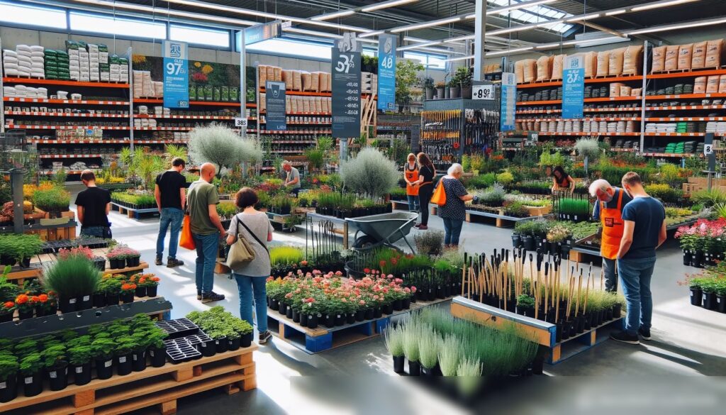 Секция садоводства и ландшафтного дизайна в строительном гипермаркете в солнечный день - Пример 2