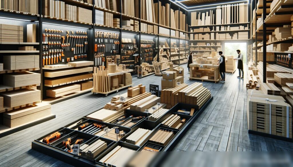 Детализированный интерьер секции строительного магазина, посвященной дереву и плотничеству - Пример 2