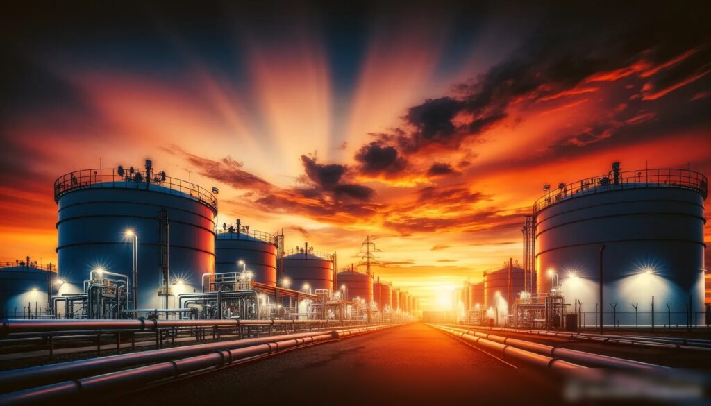 Сцена на закате на объекте хранения газа, где большие газовые резервуары и инфраструктура контрастируют с закатным небом - Пример 2