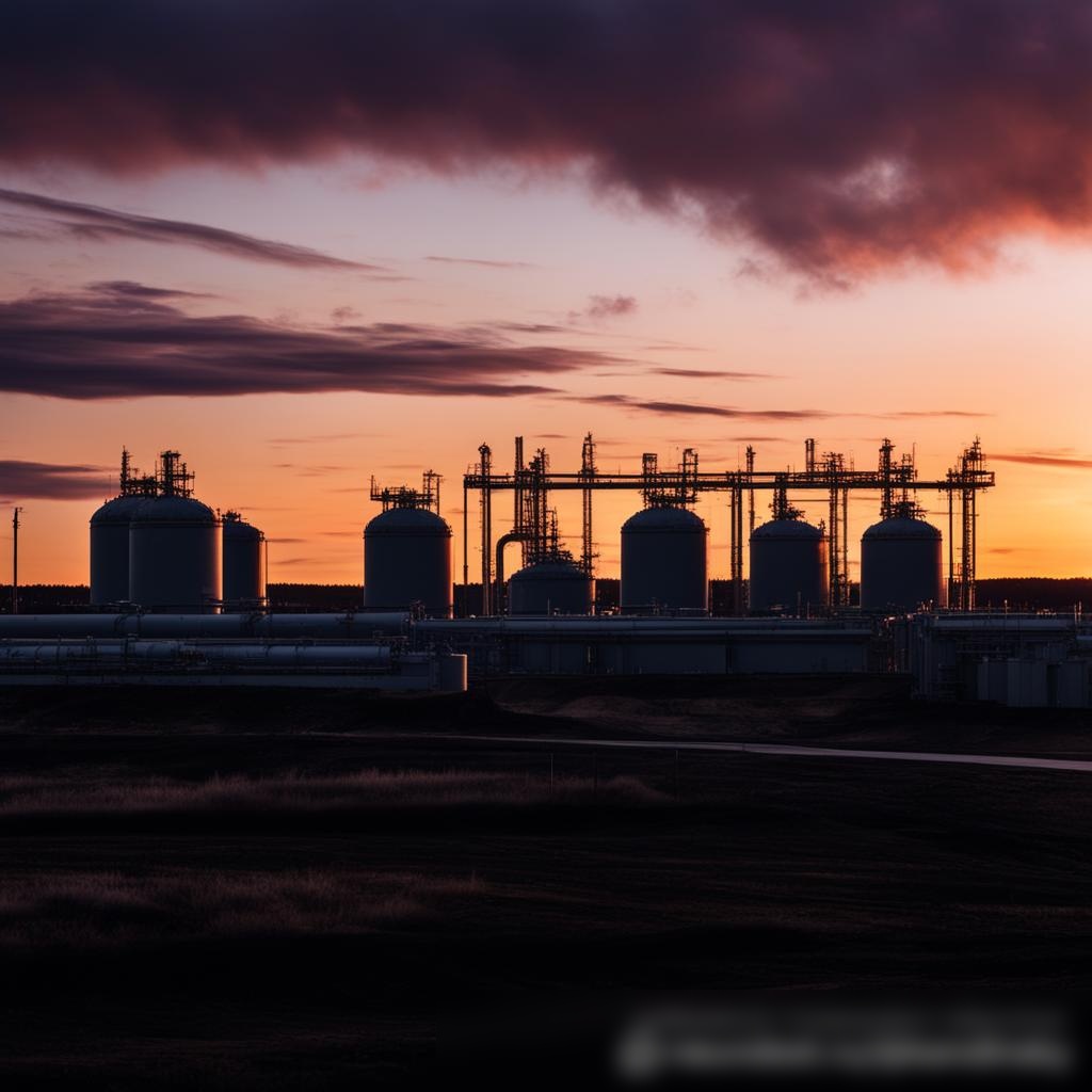 Сцена на закате на объекте хранения газа, где большие газовые резервуары и инфраструктура контрастируют с закатным небом - Пример 3