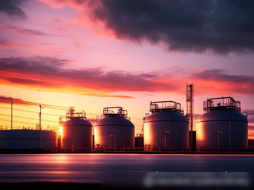Сцена на закате на объекте хранения газа, где большие газовые резервуары и инфраструктура контрастируют с закатным небом - Пример 4