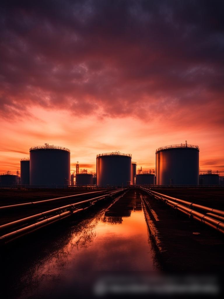 Сцена на закате на объекте хранения газа, где большие газовые резервуары и инфраструктура контрастируют с закатным небом - Пример 5