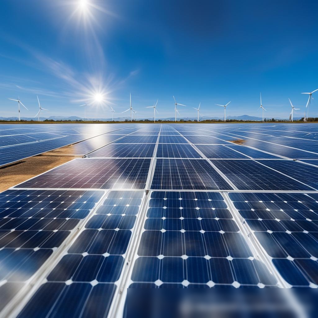 Крупный план солнечных панелей на большой солнечной ферме, отражающих яркий полденный солнечный свет - Пример 3