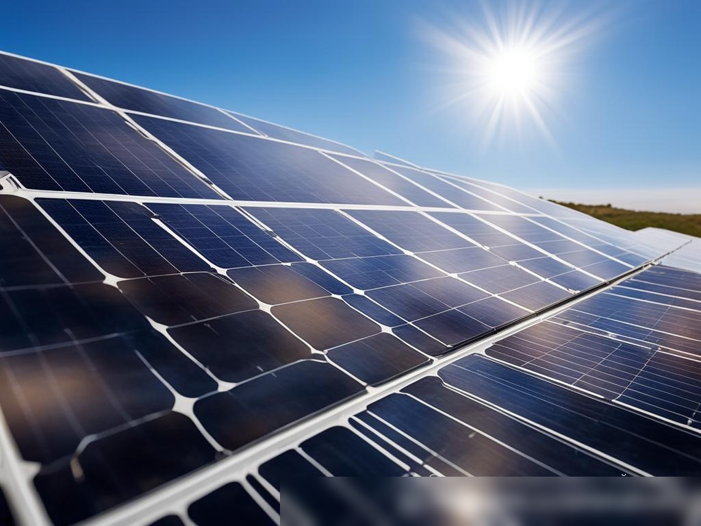 Крупный план солнечных панелей на большой солнечной ферме, отражающих яркий полденный солнечный свет - Пример 4