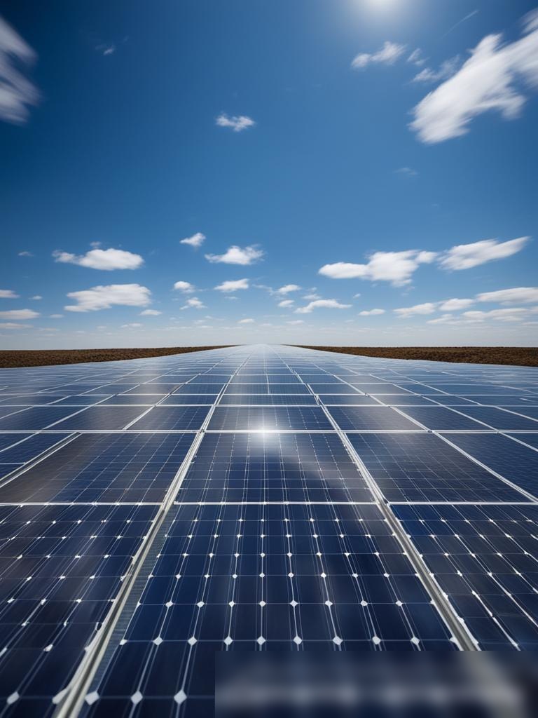 Крупный план солнечных панелей на большой солнечной ферме, отражающих яркий полденный солнечный свет - Пример 5
