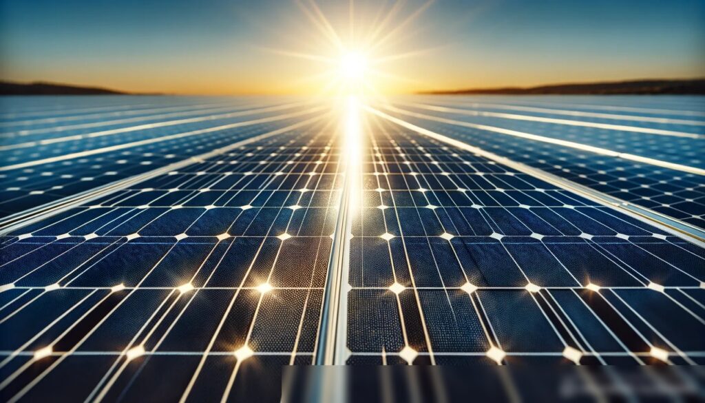 Крупный план солнечных панелей на большой солнечной ферме, отражающих яркий полденный солнечный свет - Пример 1