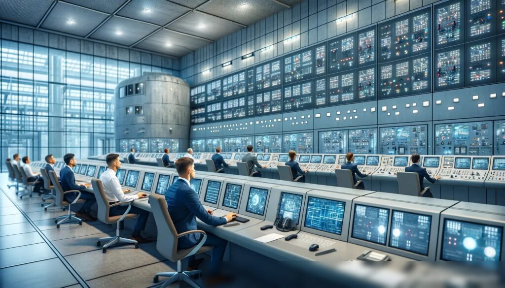 Интерьер контрольной комнаты на атомной электростанции с командой разнообразных инженеров, работающих с управляющими панелями и компьютерными системами - Пример 2