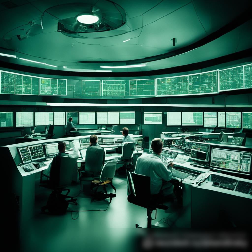 Интерьер контрольной комнаты на атомной электростанции с командой разнообразных инженеров, работающих с управляющими панелями и компьютерными системами - Пример 3