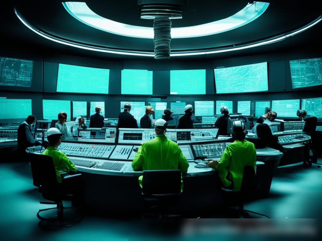 Интерьер контрольной комнаты на атомной электростанции с командой разнообразных инженеров, работающих с управляющими панелями и компьютерными системами - Пример 4