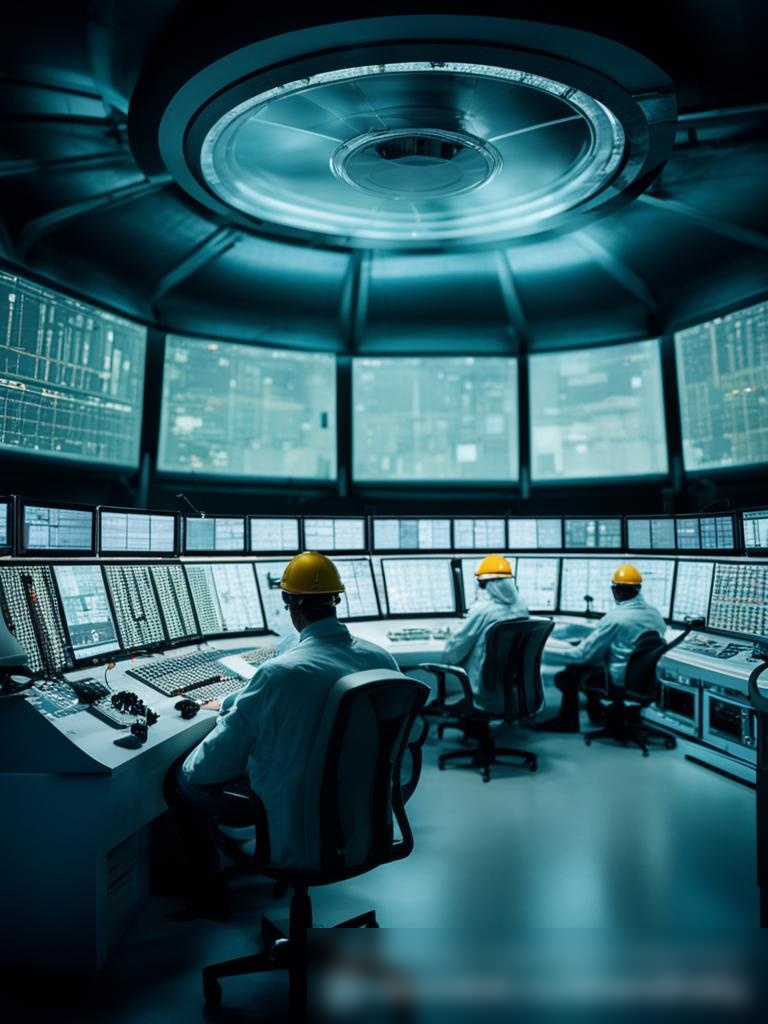 Интерьер контрольной комнаты на атомной электростанции с командой разнообразных инженеров, работающих с управляющими панелями и компьютерными системами - Пример 5