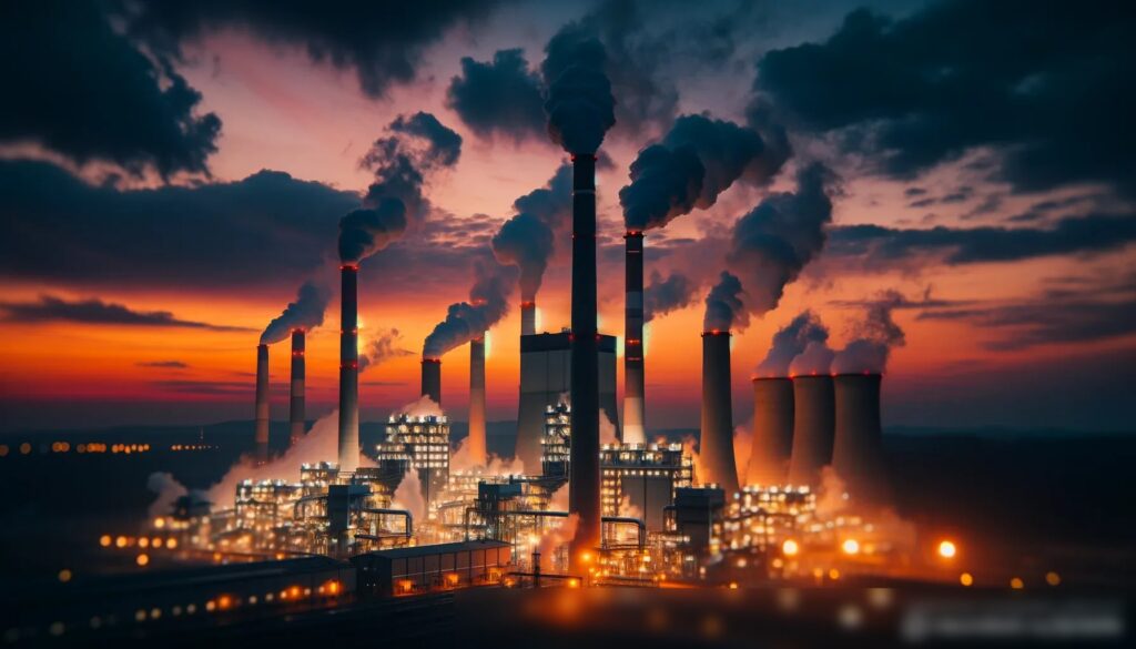 Вечерний снимок угольной электростанции, на котором видны дымящиеся трубы на фоне сумерек - Пример 2