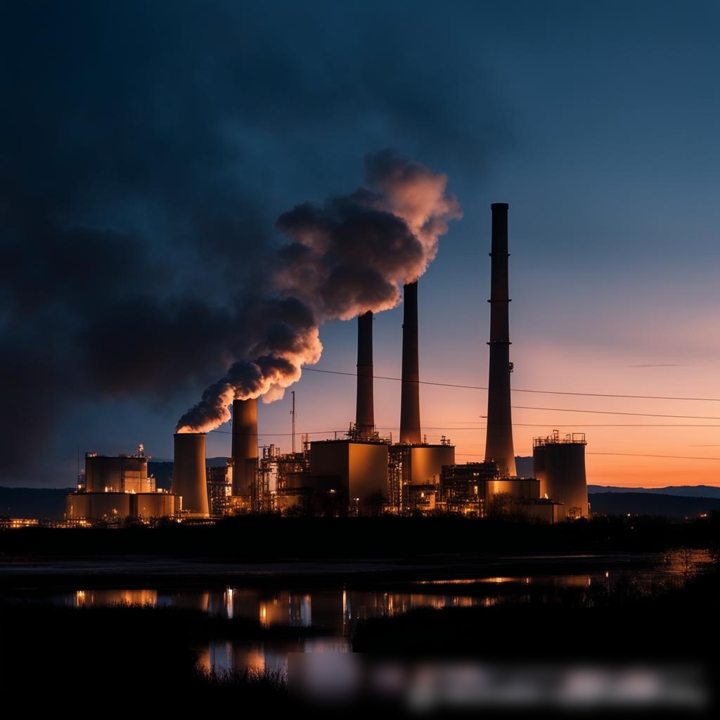 Вечерний снимок угольной электростанции, на котором видны дымящиеся трубы на фоне сумерек - Пример 3