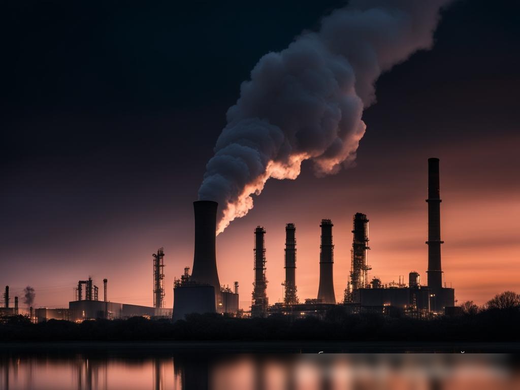 Вечерний снимок угольной электростанции, на котором видны дымящиеся трубы на фоне сумерек - Пример 4