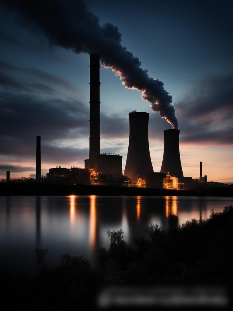Вечерний снимок угольной электростанции, на котором видны дымящиеся трубы на фоне сумерек - Пример 5