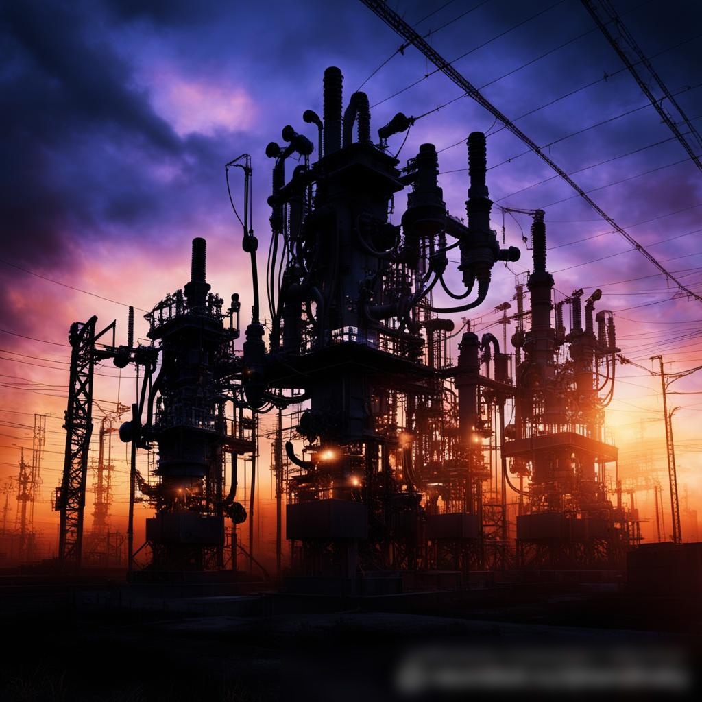 Современная электрическая подстанция на закате с трансформаторами и высоковольтным оборудованием - Пример 3
