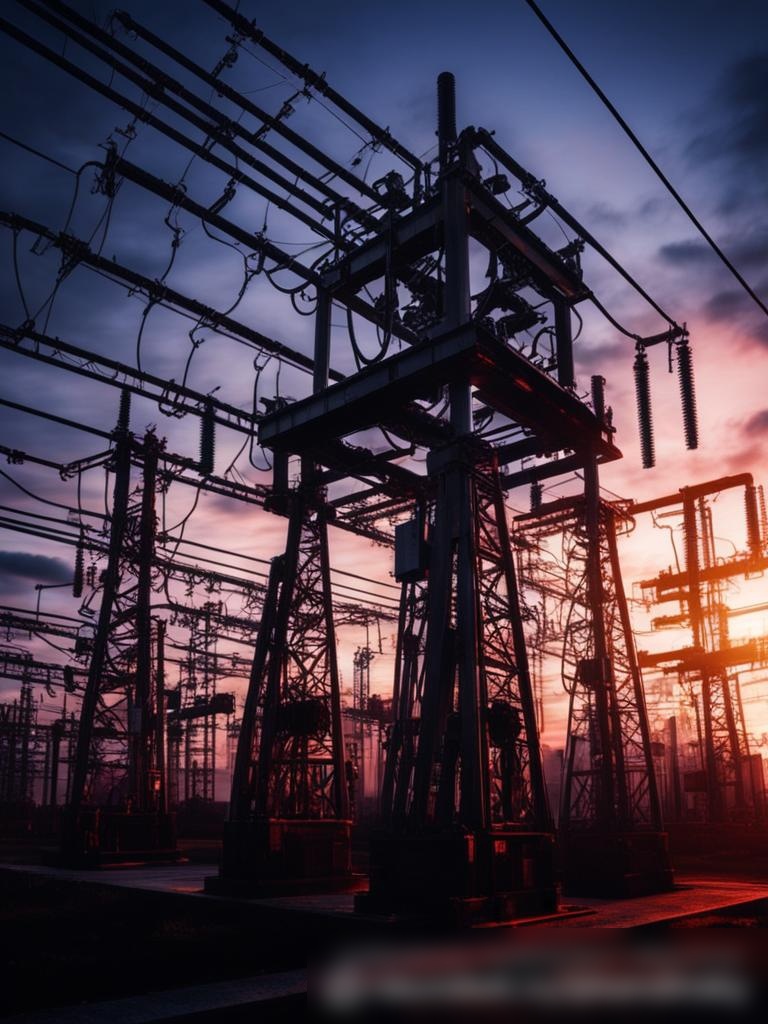 Современная электрическая подстанция на закате с трансформаторами и высоковольтным оборудованием - Пример 5