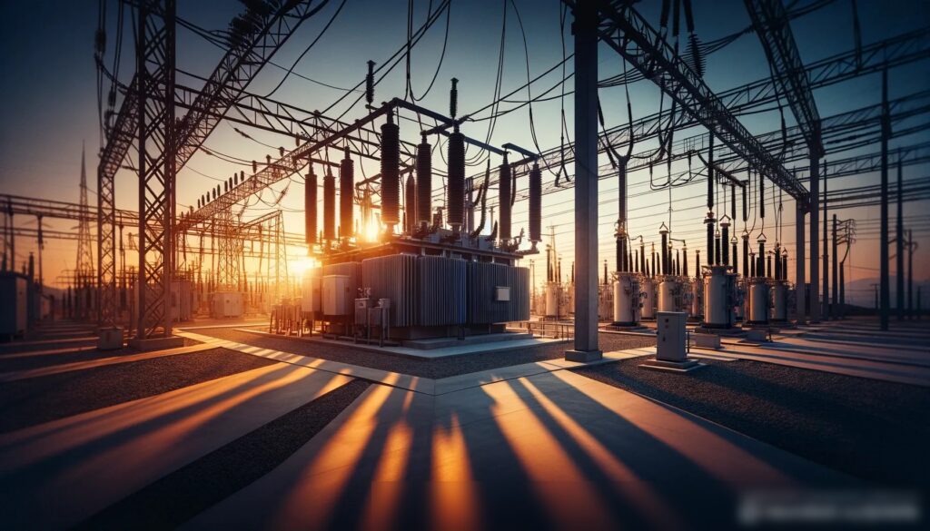 Современная электрическая подстанция на закате с трансформаторами и высоковольтным оборудованием - Пример 1
