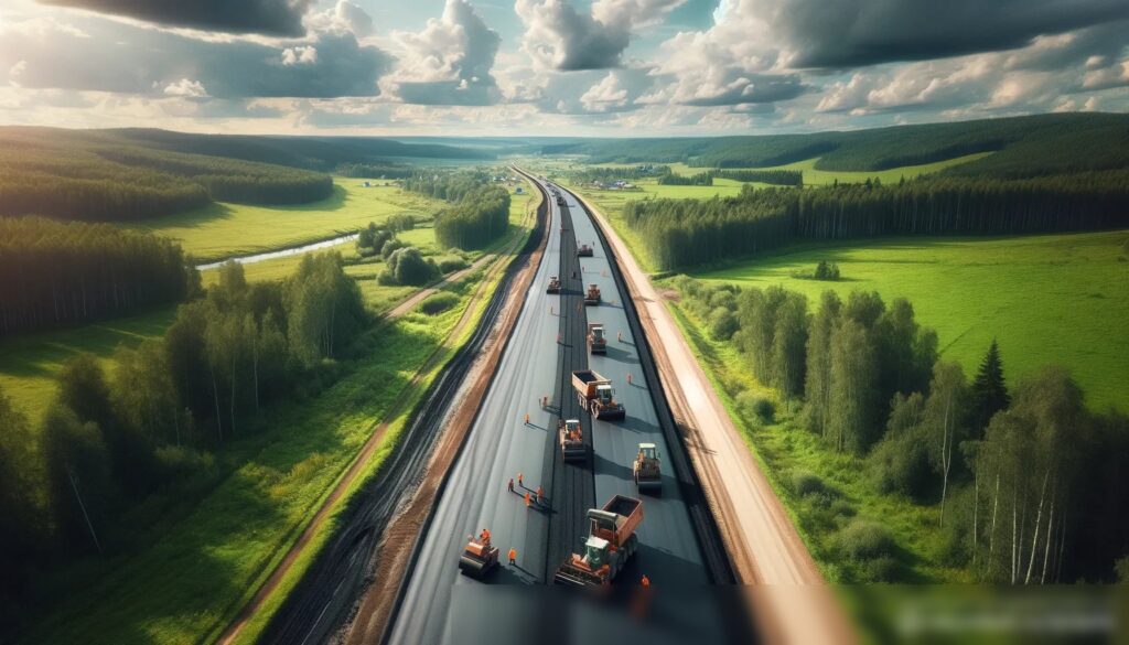 Воздушный вид на строительство дороги в российской деревне - Пример 1