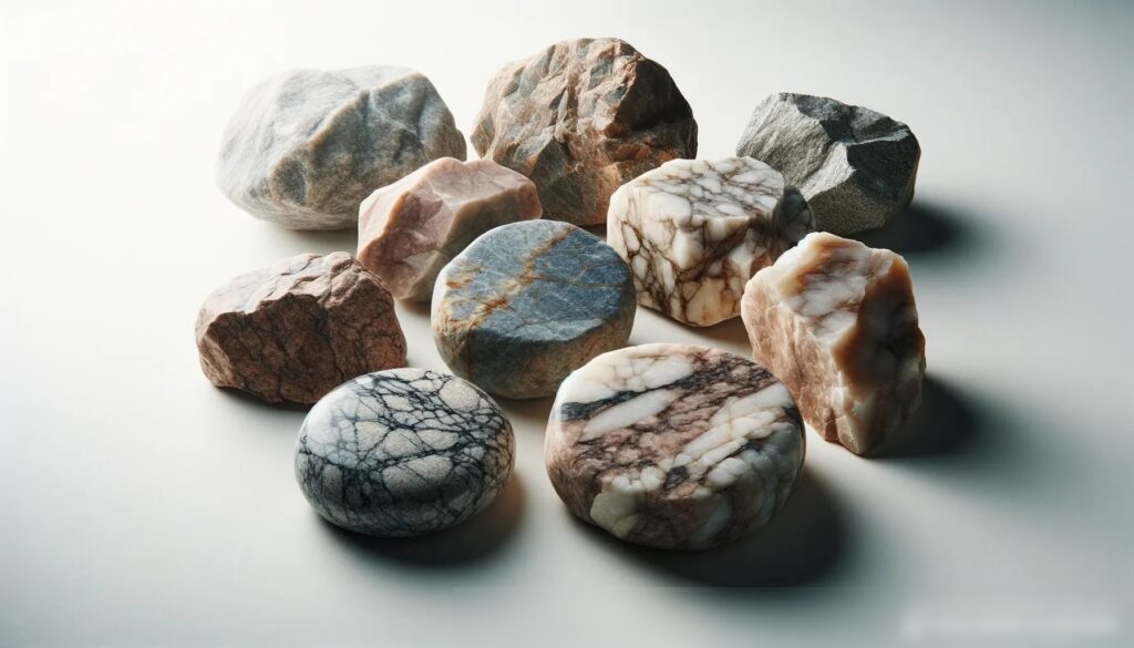 Изображение разнообразных природных камней, включая гранит, мрамор и известняк, на чисто белом фоне - Пример 2