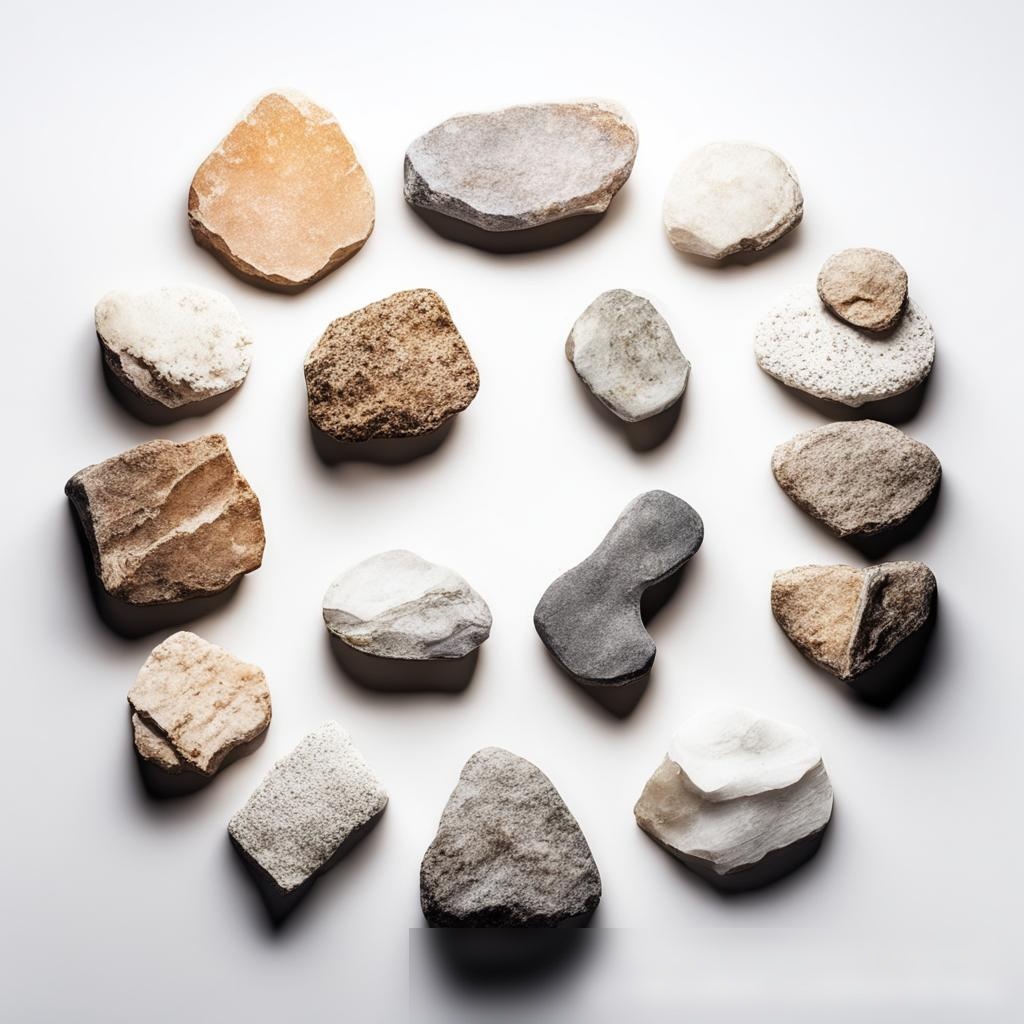Изображение разнообразных природных камней, включая гранит, мрамор и известняк, на чисто белом фоне - Пример 3
