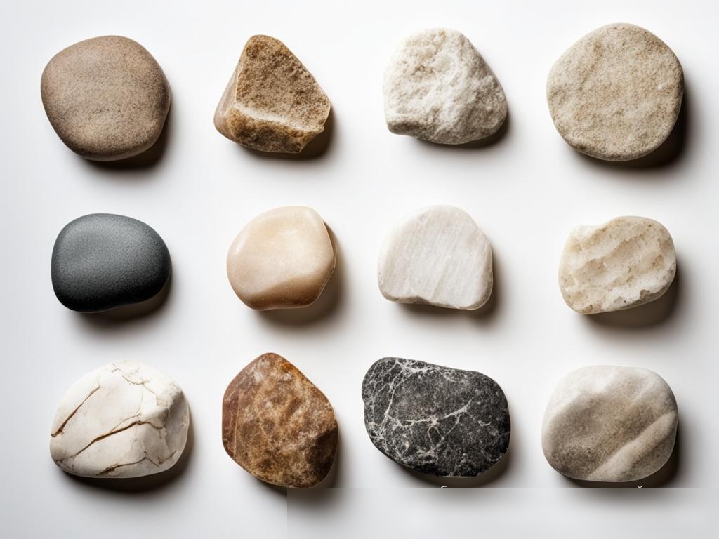 Изображение разнообразных природных камней, включая гранит, мрамор и известняк, на чисто белом фоне - Пример 4