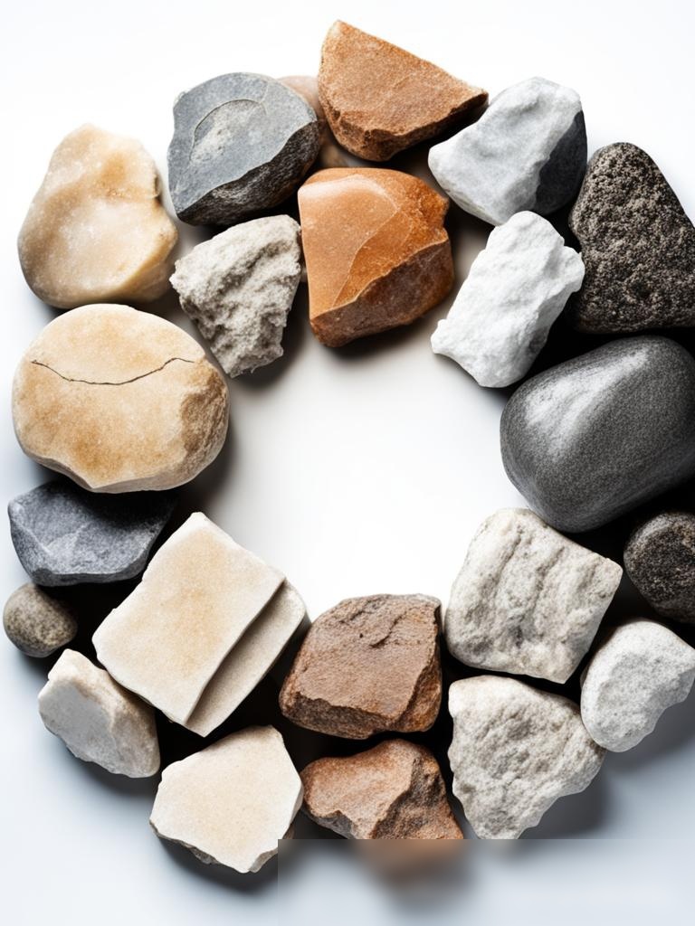 Изображение разнообразных природных камней, включая гранит, мрамор и известняк, на чисто белом фоне - Пример 5