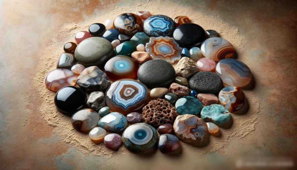 Изображение разнообразных природных камней, включая агат, нефрит и обсидиан, расположенных на естественной поверхности - Пример 2