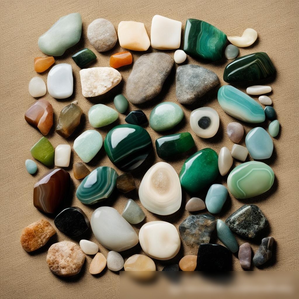 Изображение разнообразных природных камней, включая агат, нефрит и обсидиан, расположенных на естественной поверхности - Пример 3