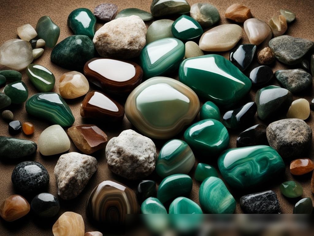 Изображение разнообразных природных камней, включая агат, нефрит и обсидиан, расположенных на естественной поверхности - Пример 4