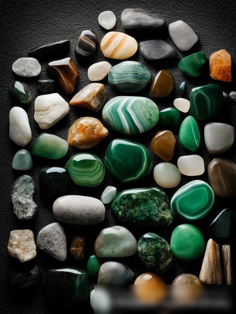 Изображение разнообразных природных камней, включая агат, нефрит и обсидиан, расположенных на естественной поверхности - Пример 5