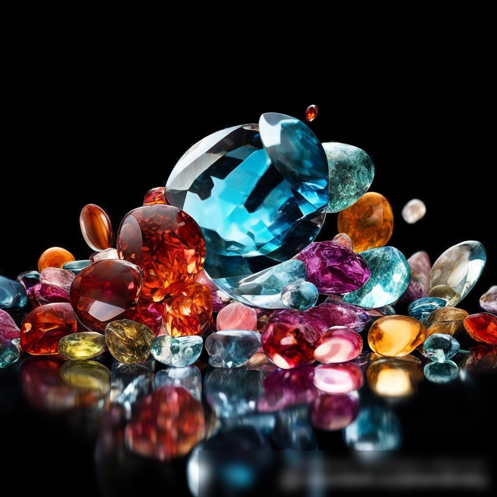 Динамичное изображение разноцветных полированных драгоценных камней, разбросанных по отражающей стеклянной поверхности - Пример 3