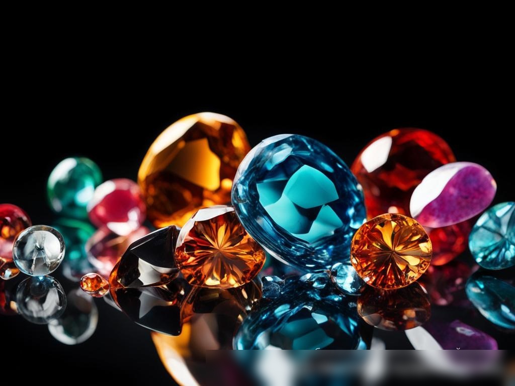 Динамичное изображение разноцветных полированных драгоценных камней, разбросанных по отражающей стеклянной поверхности - Пример 4