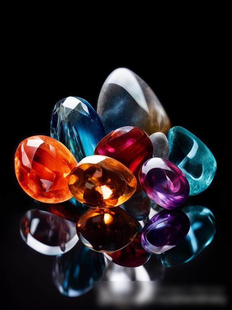 Динамичное изображение разноцветных полированных драгоценных камней, разбросанных по отражающей стеклянной поверхности - Пример 5