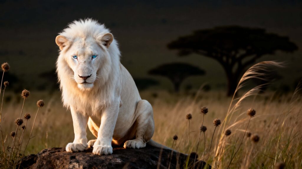 Albino lion on low rock portrait - Пример 1
