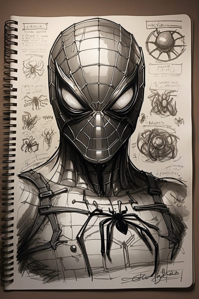 Промпт человека пaука в чб, ручной рисунок в тетради - Пример 1